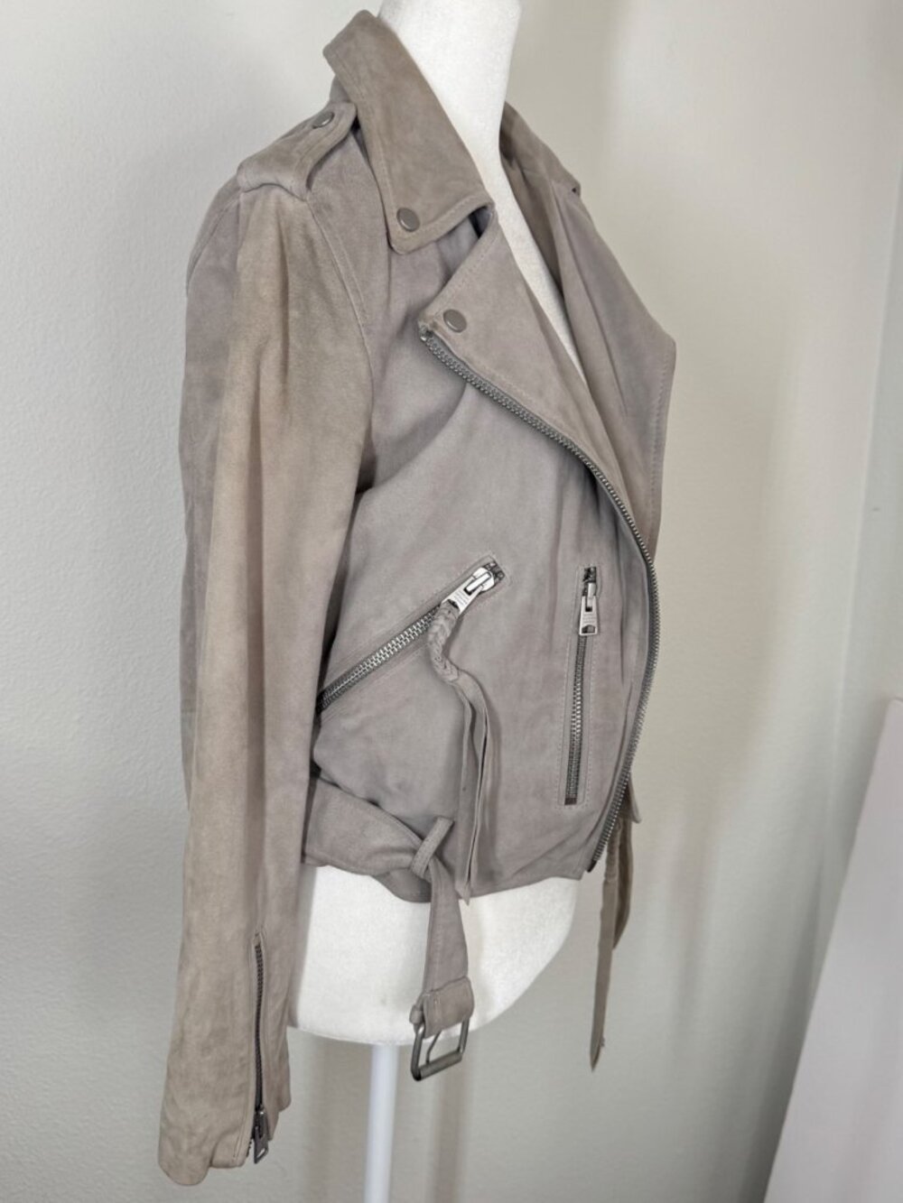 All Saints Womens Biker Jacket Balfern Goat Leather Suede Sz 4 Taupe *read - Picture 2 of 15